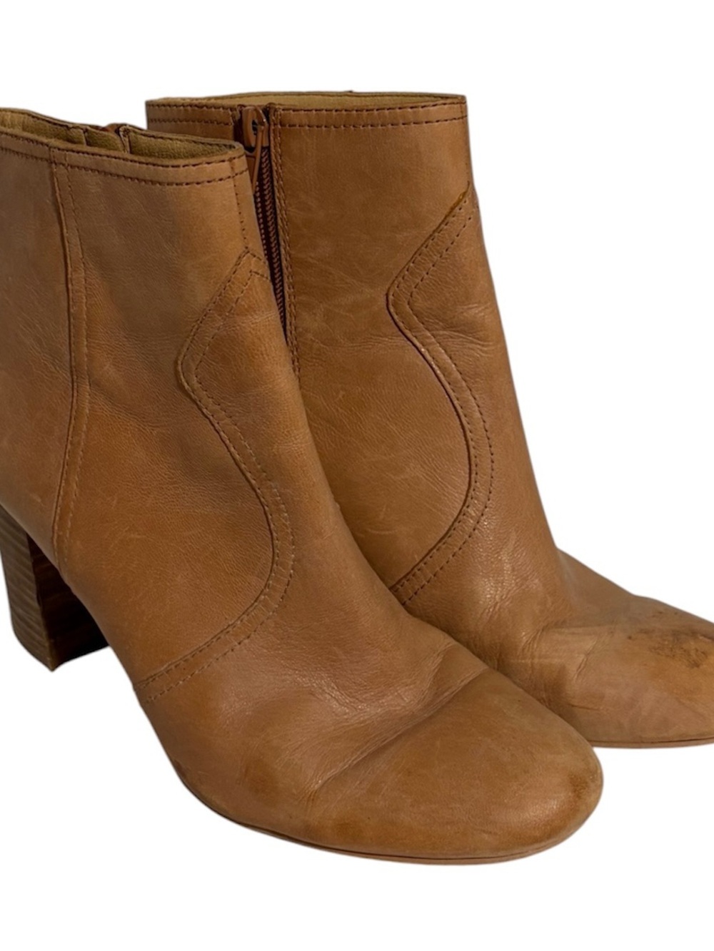 Women’s Tan Leather Ankle Booties - Stylish Zip Heel